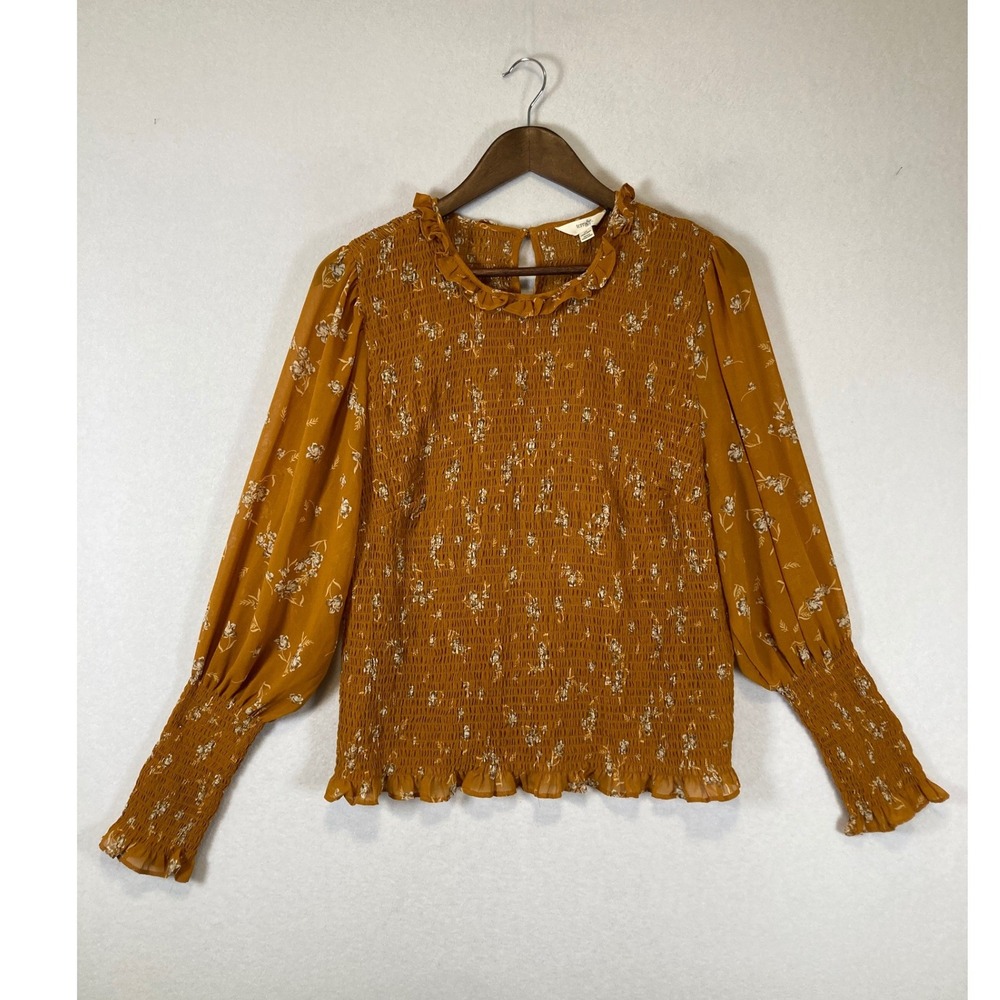 Boho Cottagecore Terra & Sky Women 1X‎ Mustard Yellow Floral Smocked Blouse Top